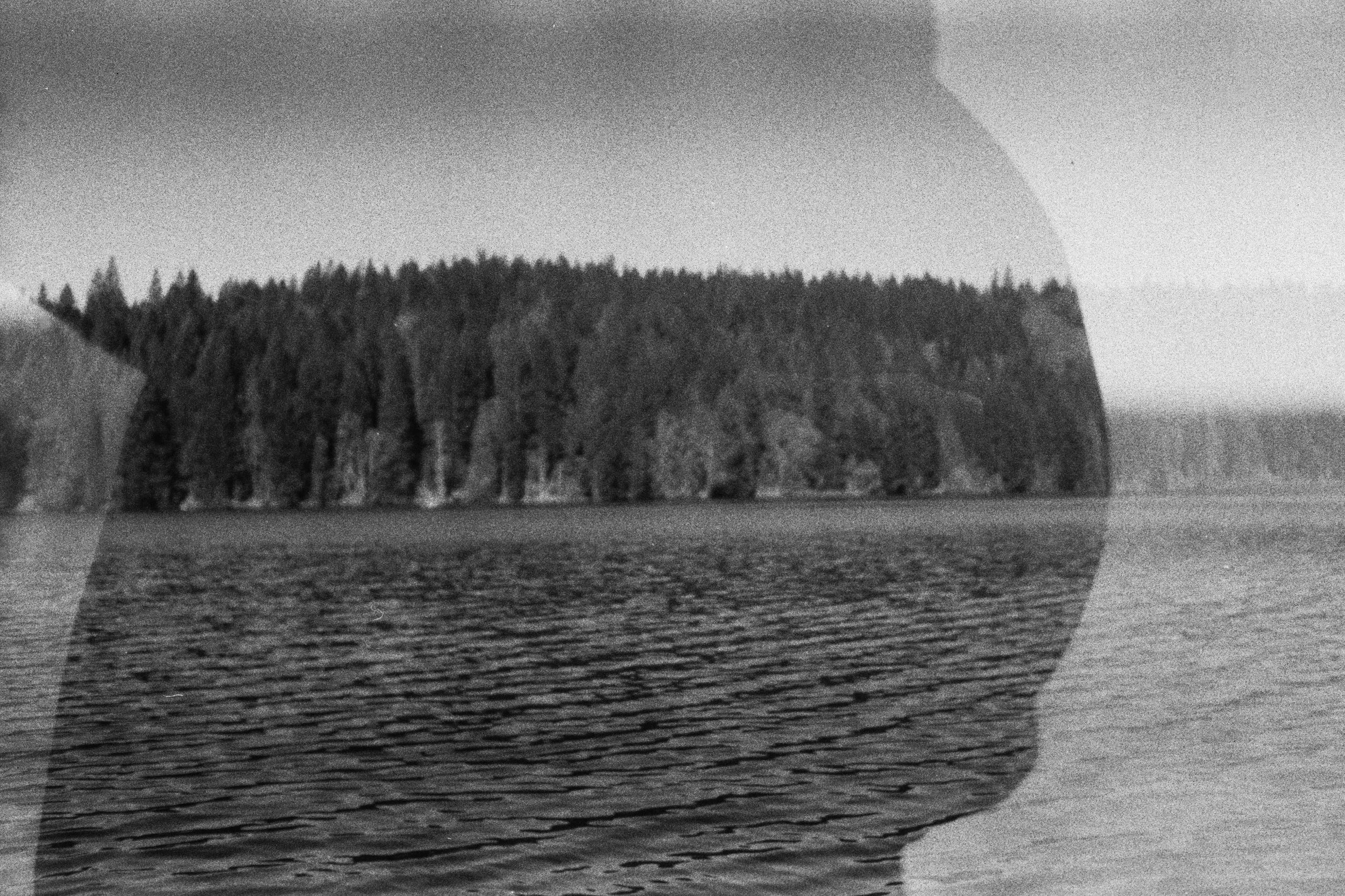 Black and white photograph of a large, tall cliff or mountain with a dense forest on top, next to water with gentle ripples.