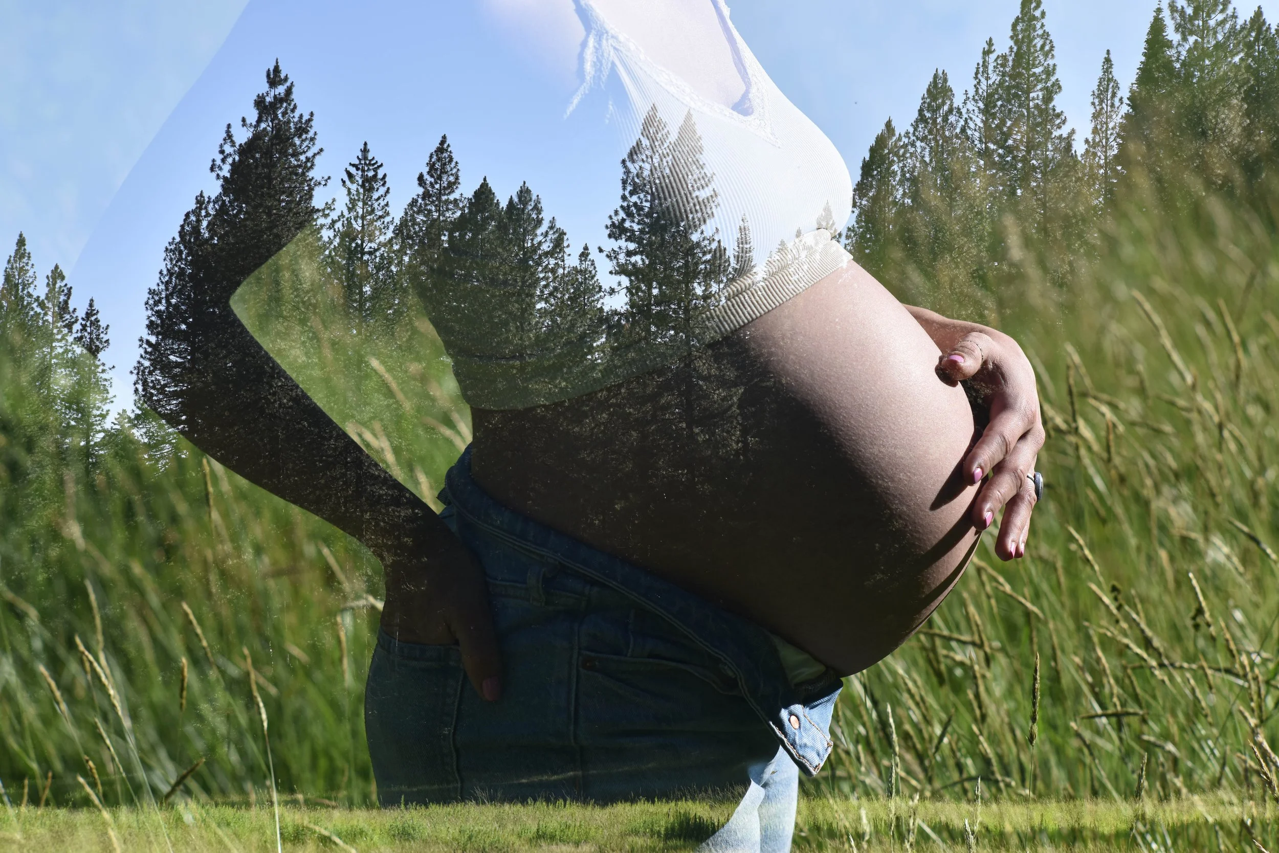 A person wearing a white sweater and denim shorts is standing in a field of tall grass, holding their pregnant belly. The photo is taken outdoors on a sunny day with a clear blue sky and pine trees in the background.
