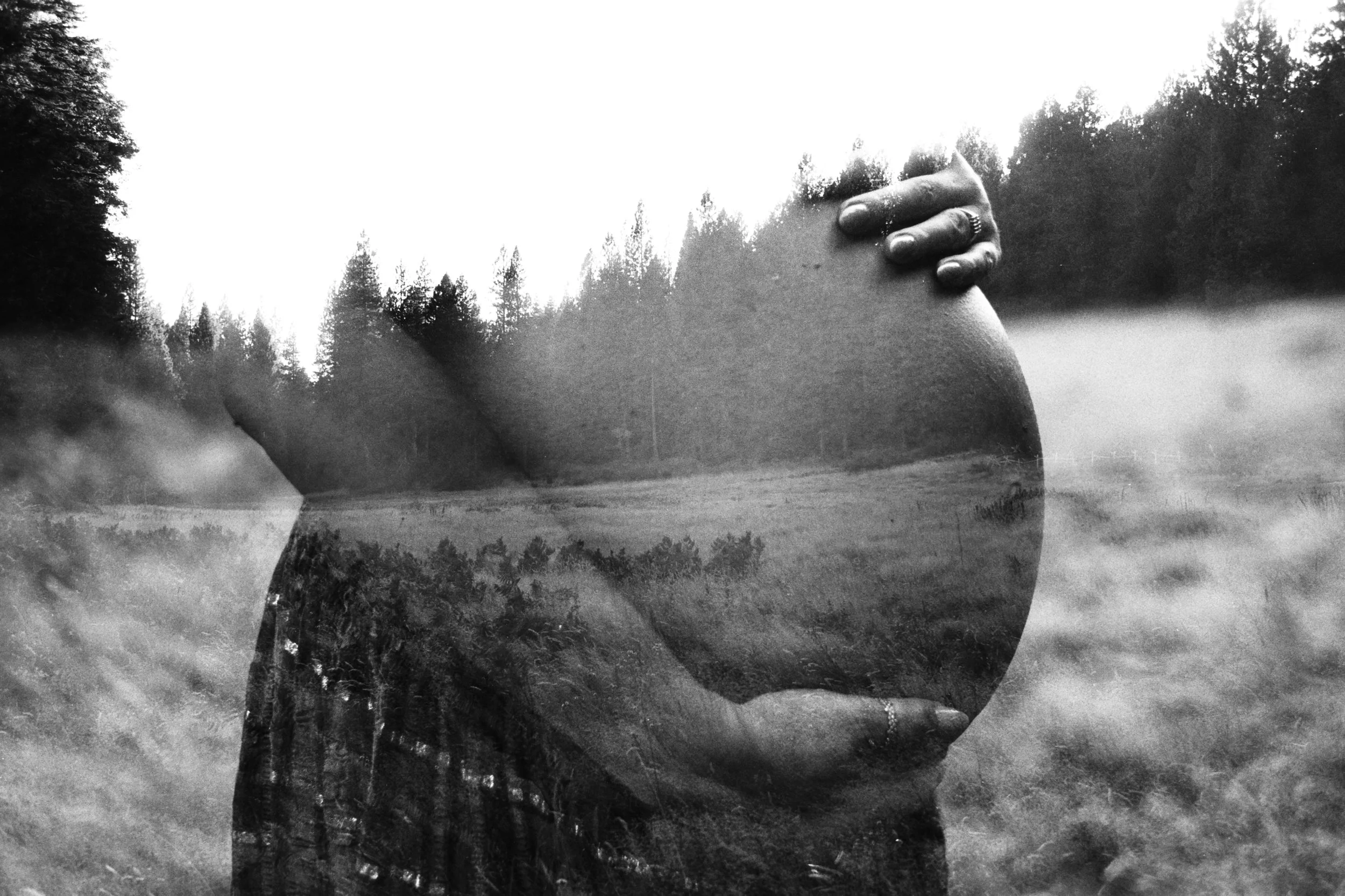 A double exposure photograph featuring a hand with rings placed on a person's shoulder, and an outdoor landscape with trees and a body of water.