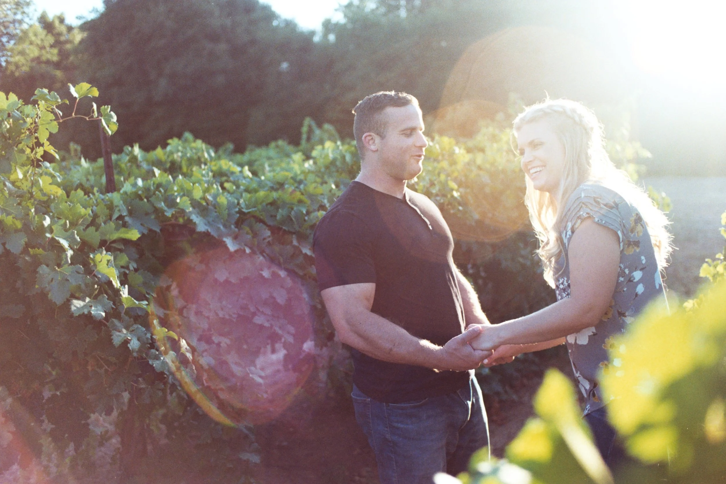 A couple holding hands and smiling at each other in a vineyard during sunset.