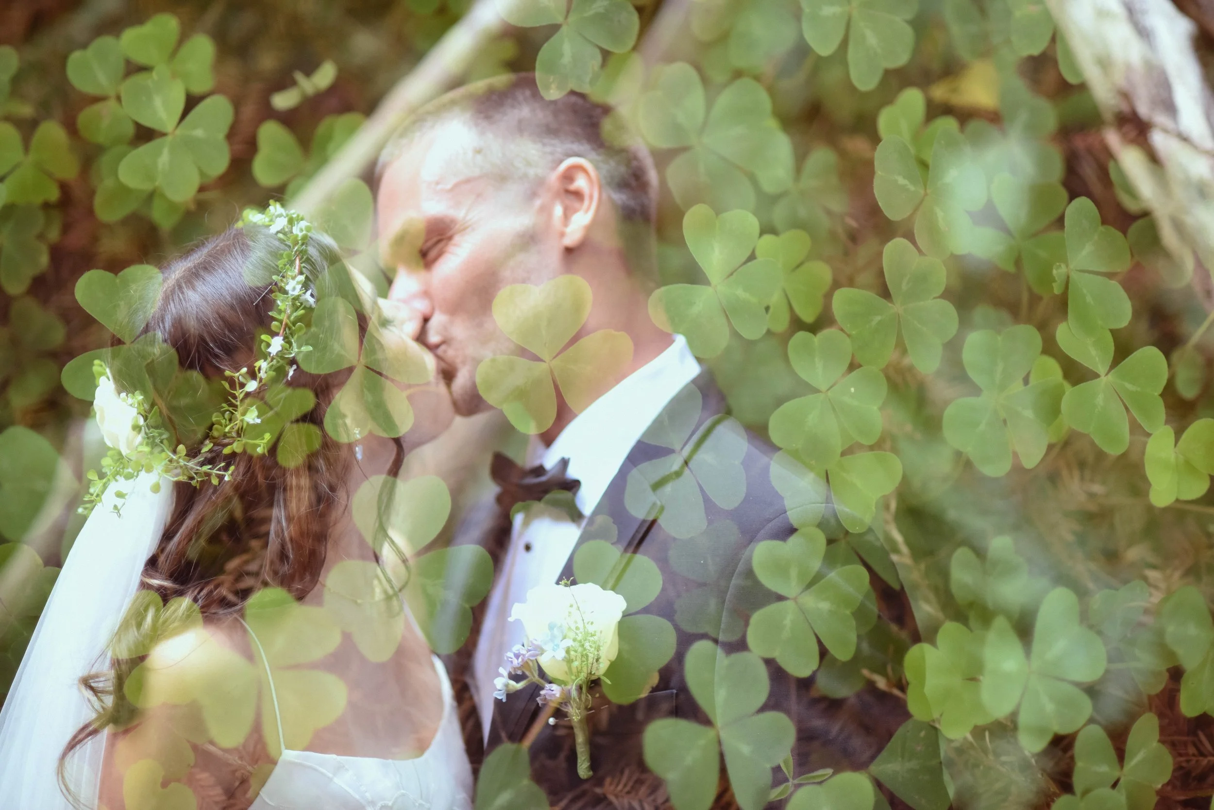 A couple sharing a kiss in a natural setting, overlaid with a pattern of green clover leaves.