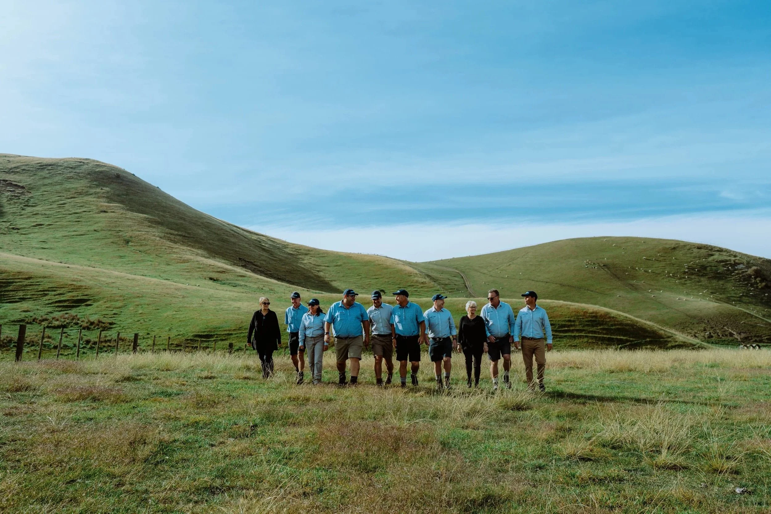 The staff of Redshaw Livestock walking through a grassy field with rolling green hills and a partly cloudy sky in the background.