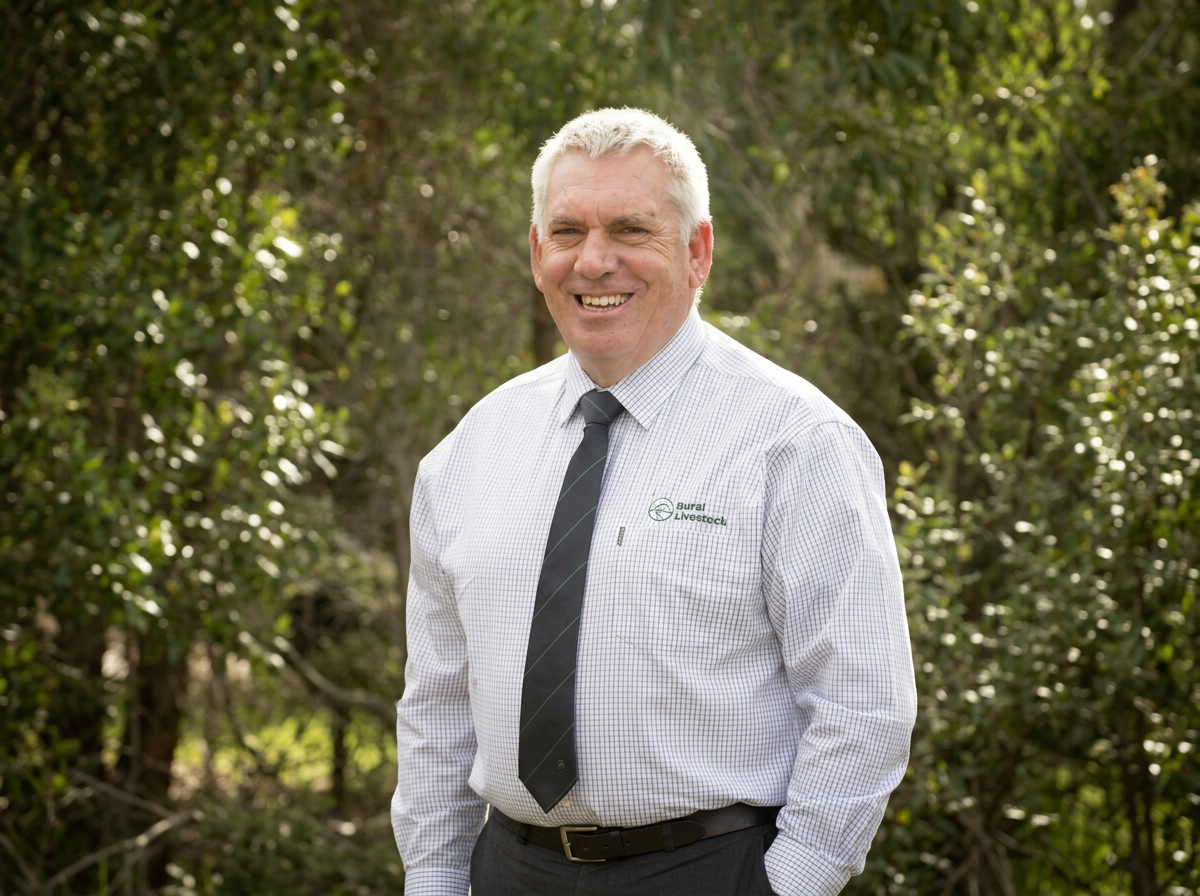 A smiling man wearing a white checked dress shirt, gray tie, and black pants, standing outdoors in front of green foliage.