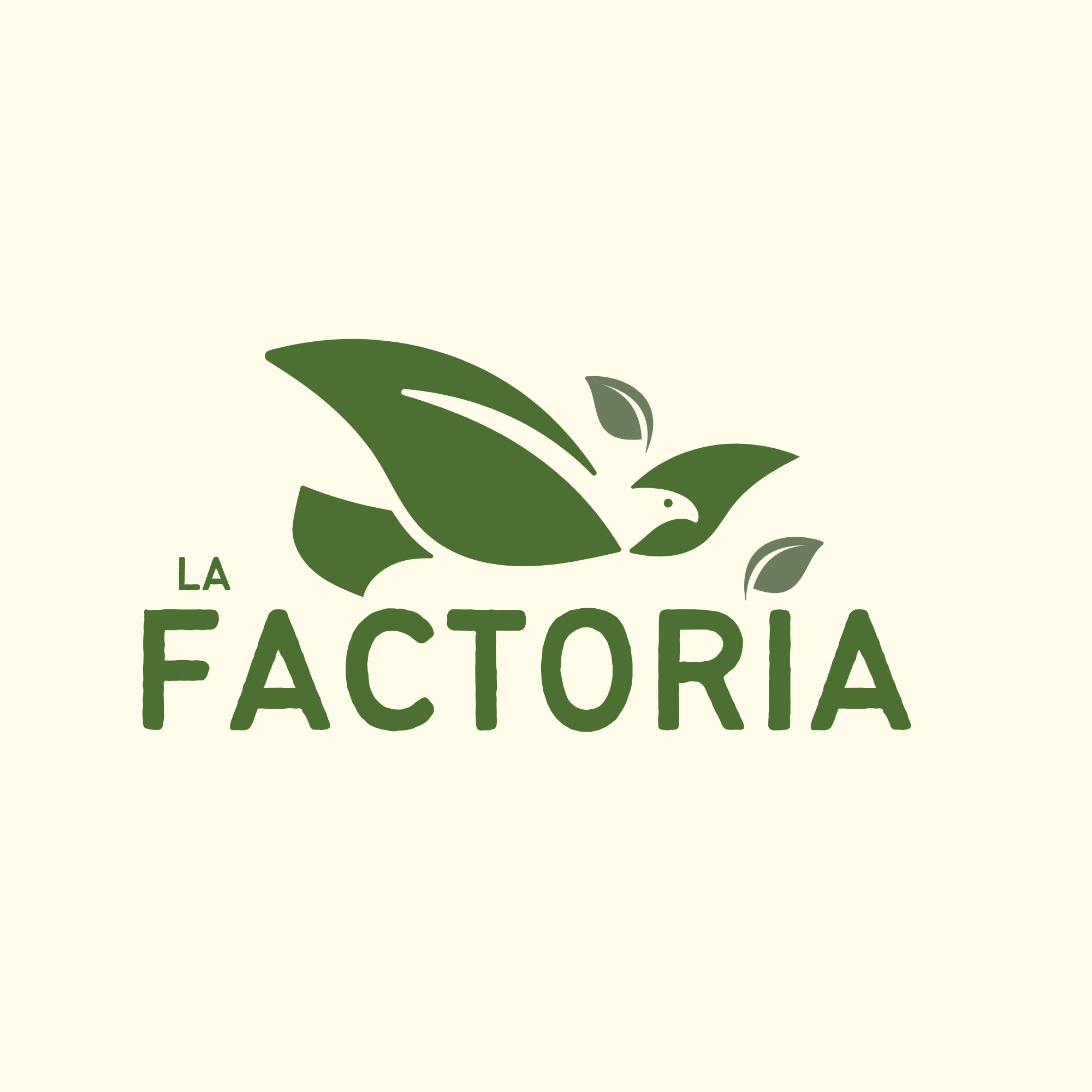 Logo avec une feuille verte stylisée et le texte 'La Factoria' en vert foncé sur fond beige clair.