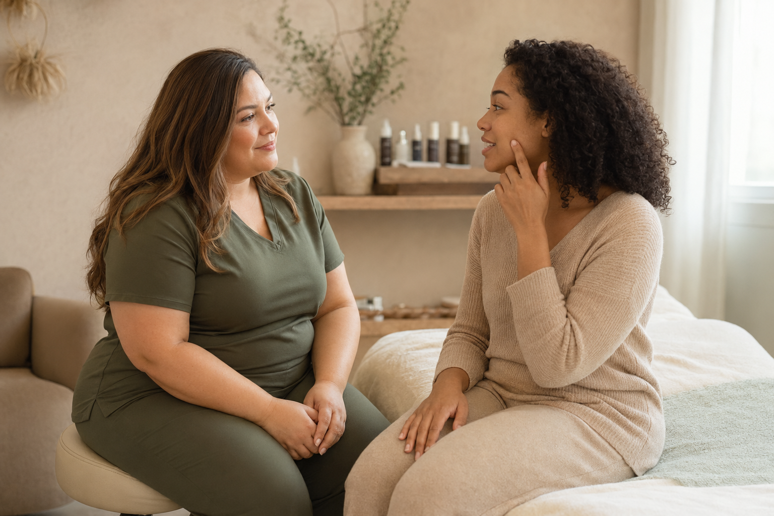 Two women having a conversation in a cozy room, one sitting on a stool and the other on the bed, with neutral decor and natural lighting.