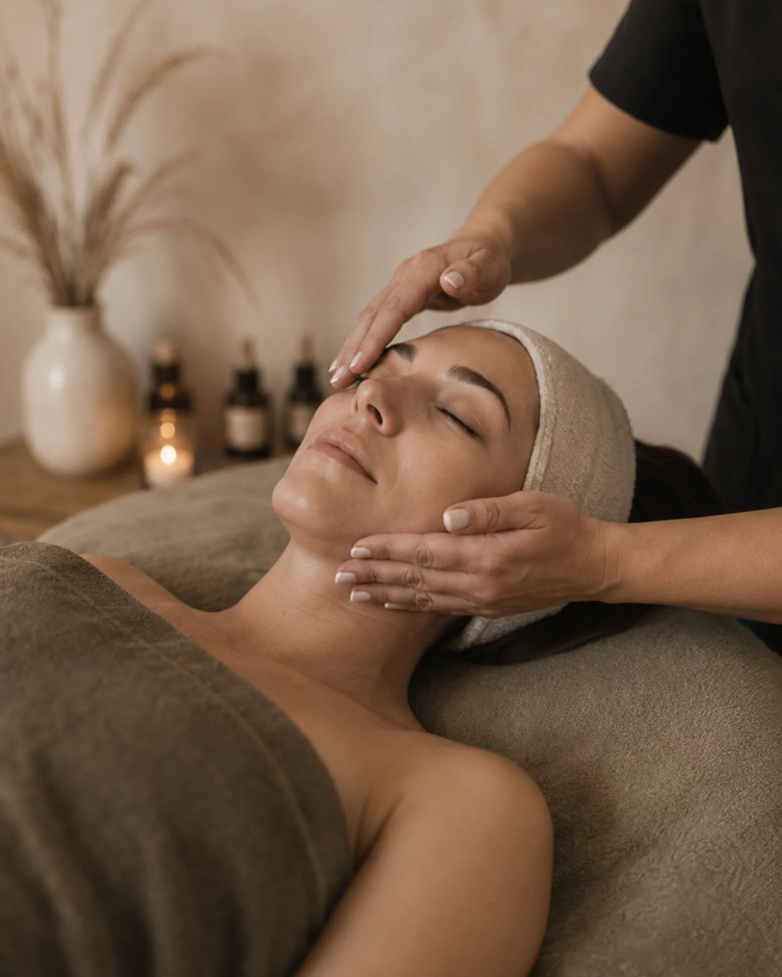 A woman receiving a facial massage in a spa setting, with essential oil bottles and a decorative vase with dried plants in the background.