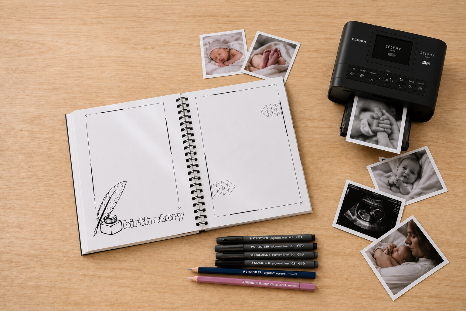 Babybloom baby memory book with Canon SELPHY printer and colouring pens