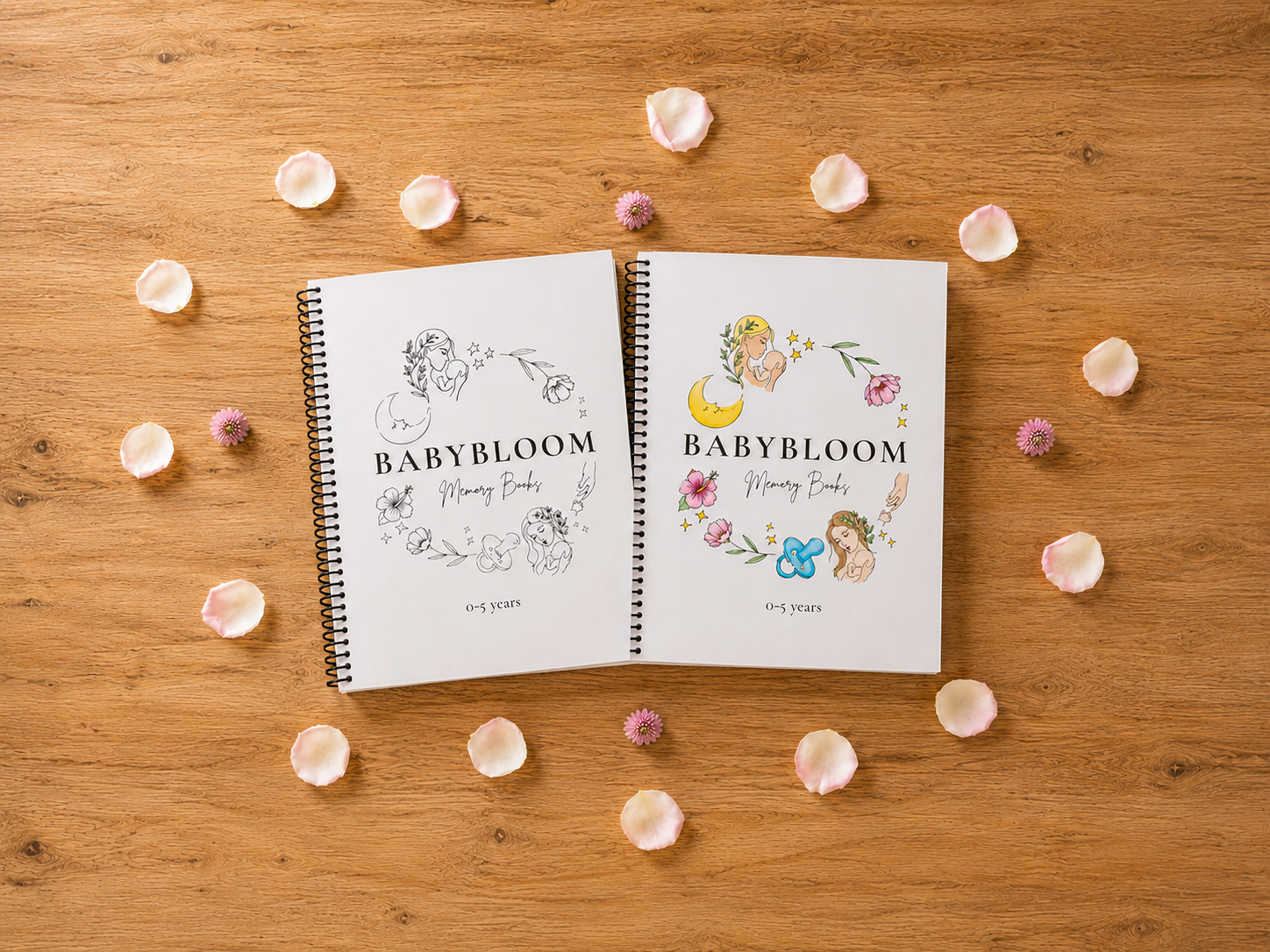 Babybloom colour-in baby memory book beside a completed coloured cover