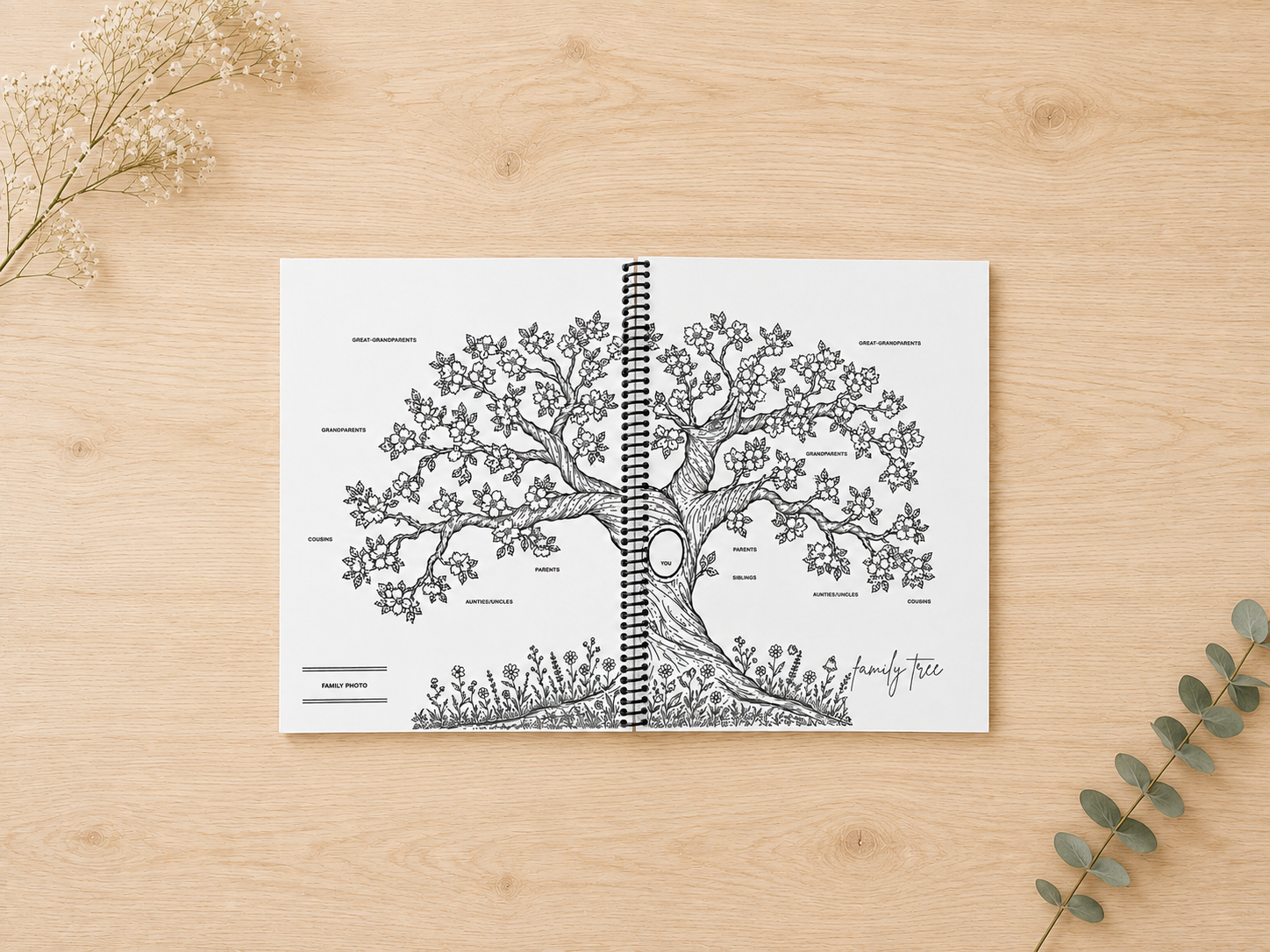 Family tree page inside the Babybloom colour-in baby memory book