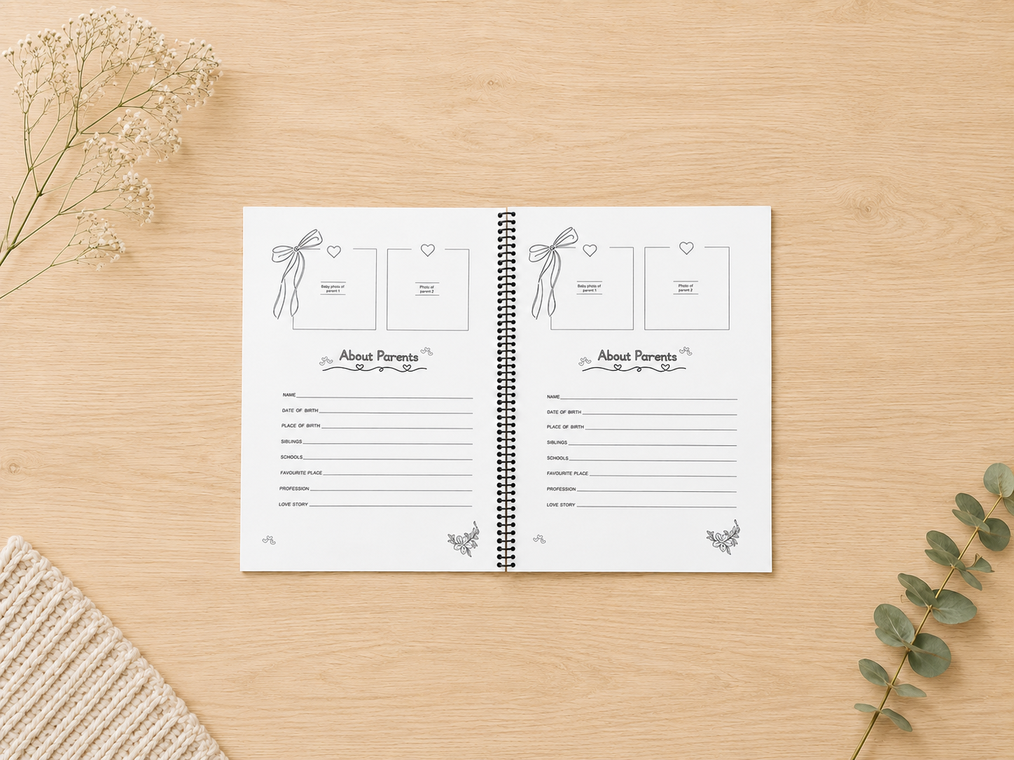 About Parents page with space to write memories and add photos in the Babybloom colour-in baby memory book