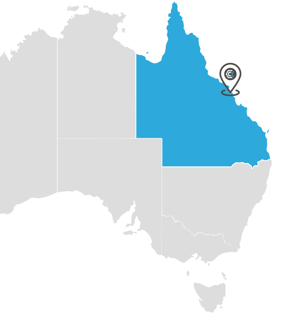 Map of Australia with the state of Queensland highlighted in blue and a pin drop on the regional town Mackay.