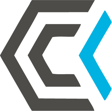 Stylized logo featuring black and blue geometric shapes forming a letter C or angular design.