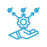 An open hand holding a gear with three arrows pointing outward from the gear, symbolizing knowledge, innovation, or technology.