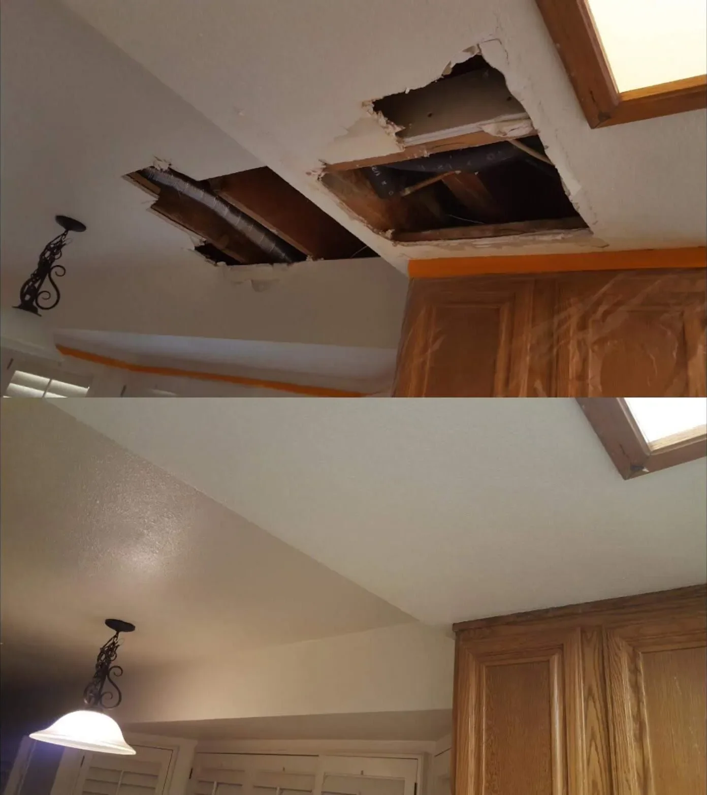 Comparison of ceiling before and after repair, showing a ceiling with a large hole and exposed damage in the first image, and a smooth, repaired ceiling in the second image.