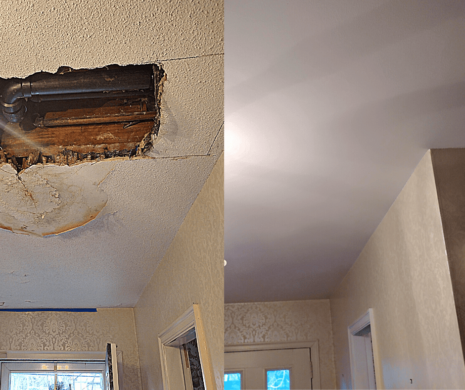 Side-by-side comparison of a damaged ceiling with exposed pipes and damaged drywall on the left, and a repaired, smooth ceiling on the right.