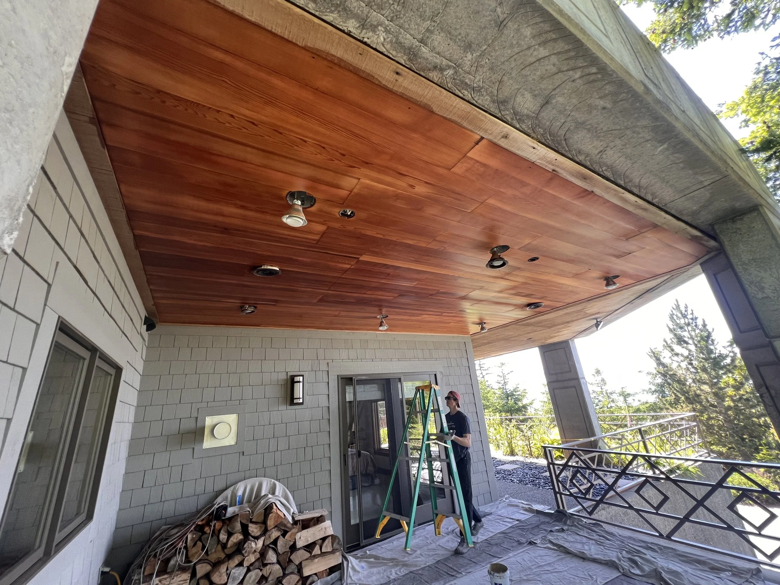 Wood porch ceiling restoration work