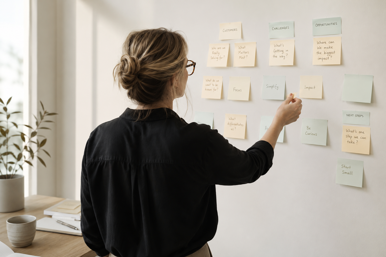 A woman with glasses and her hair in a bun is placing a sticky note on a whiteboard with other sticky notes that contain handwritten words and questions related to business or project planning.