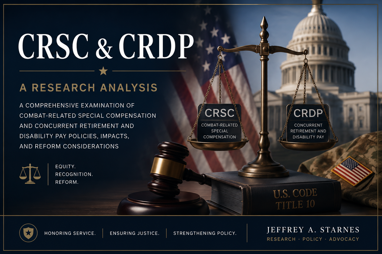 A legal scale with two signs labeled CRSC and CRDP, set against a backdrop of the United States Capitol and an American flag. The image includes a gavel, a law book titled 'U.S. Code Title 10,' and a military uniform with an American flag patch. The text discusses research analysis on combat-related special compensation and concurrent retirement and disability pay policies.