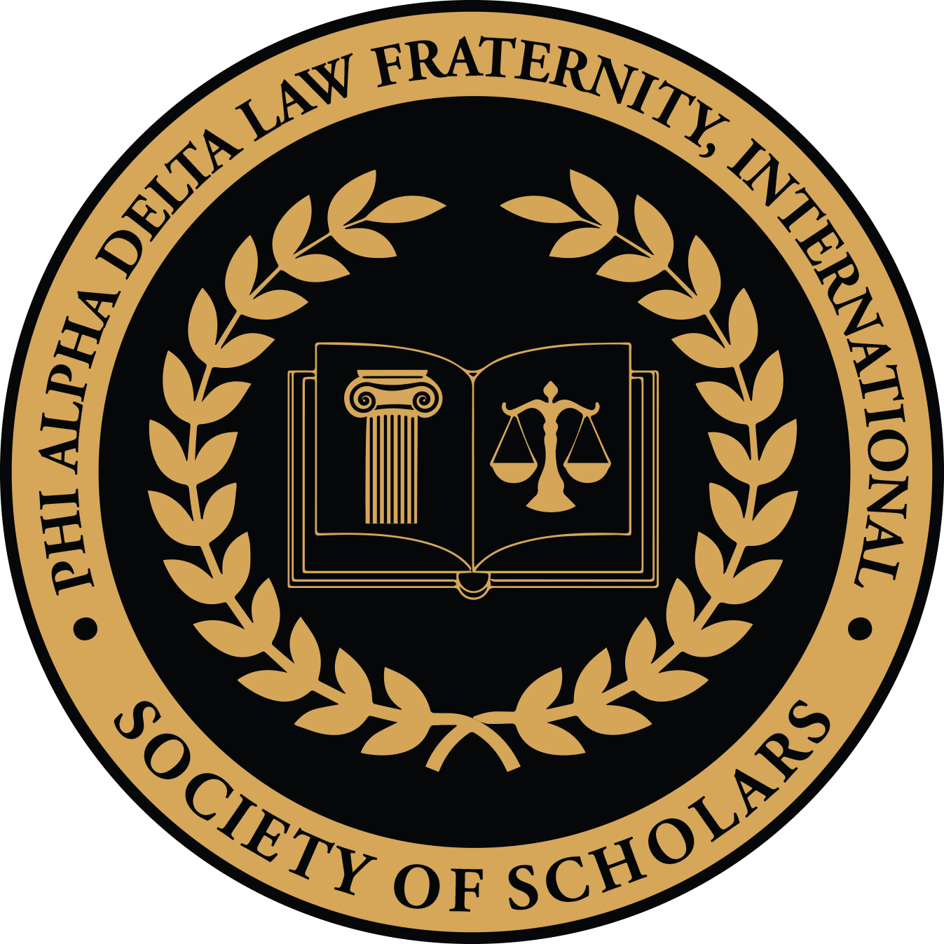 Seal of the Phi Alpha Delta Law Fraternity, International, with a black background, gold laurel wreath, open book with a column and scales symbol inside.