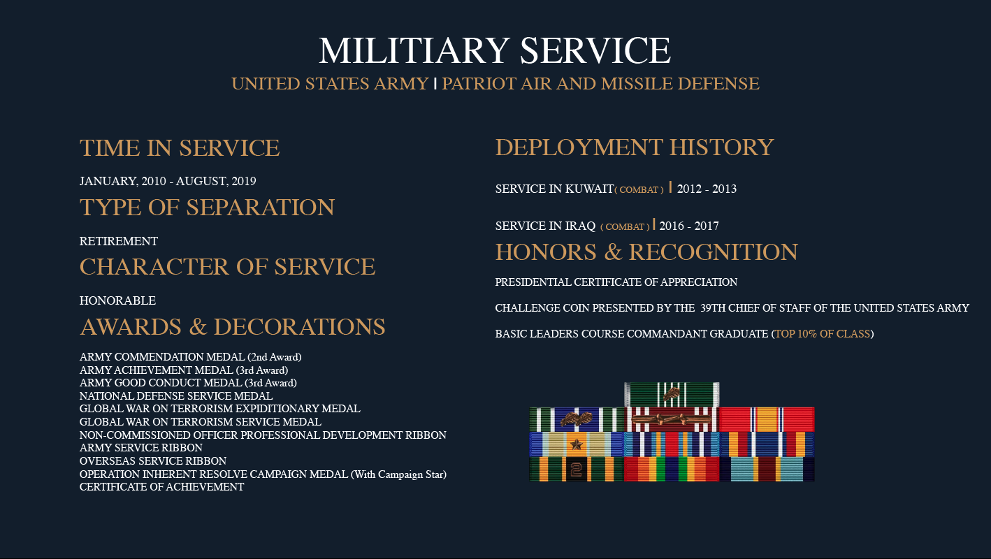 Military service resume or profile page with sections on service timeline, deployment history, awards, and honors. Contains medals, ribbons, and medals' descriptions.