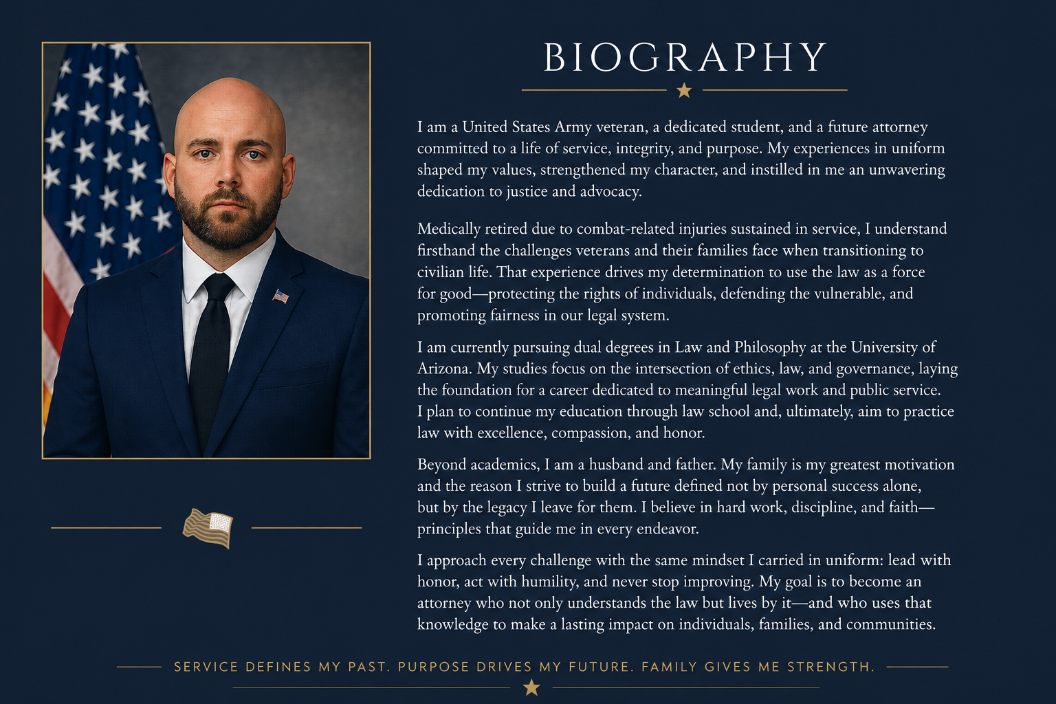 A professional portrait of a bald man with a beard, dressed in a navy suit, white shirt, and navy tie, standing in front of an American flag. To the right, there is a detailed biography text describing his military service, education, family, and personal motivations.