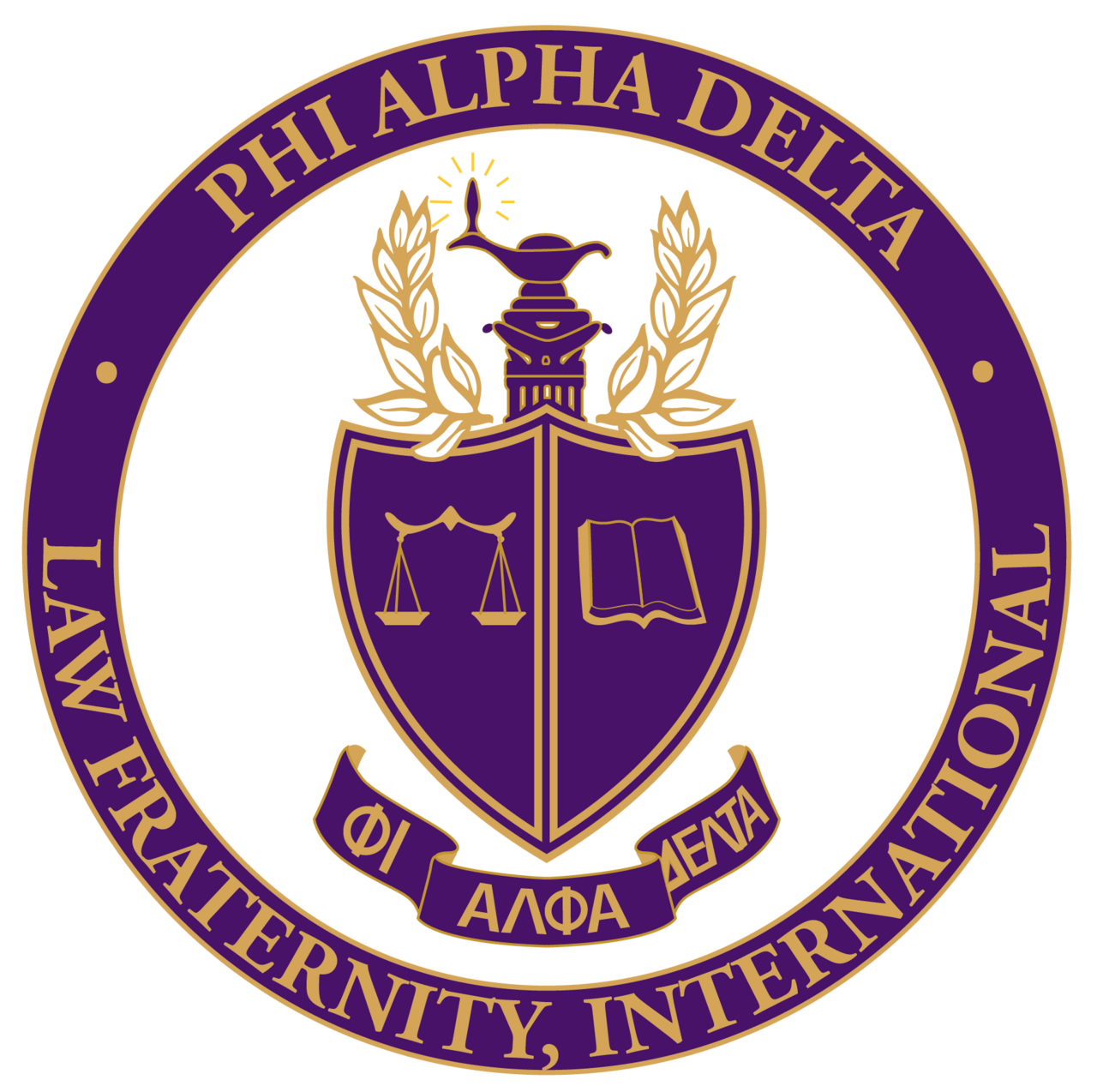 Seal of the International Federation of Latin American, Caribbean and Caribbean Pacific Law fraternities, featuring a shield with scales and an open book, surrounded by a purple and gold circular border with Greek letters and Latin text.