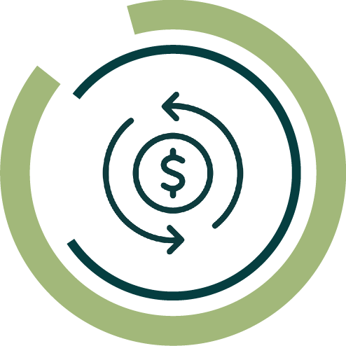 A circular infographic with a dollar sign in the center, surrounded by arrows, with the text "Get Paid for Carbon."