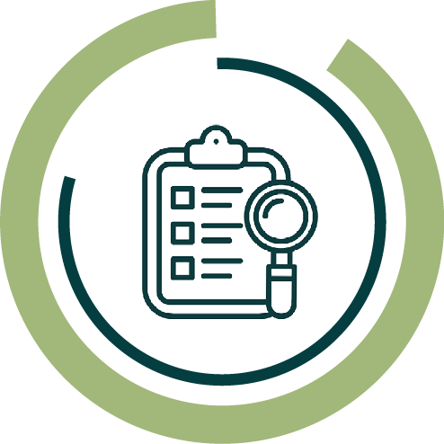 A circular infographic with a clipboard with checkboxes and a magnifying glass, with the text "Free Land Assessment."