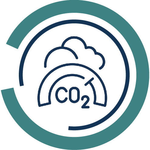 A circular infographic of a cloud emitting CO2 next to a carbon emissions gauge, with the text "Measure Your Carbon."