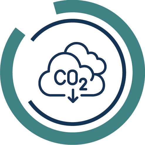 A circular infographic of a cloud with 'CO2' inside and an arrow pointing downward, with the text "Offset with Confidence."