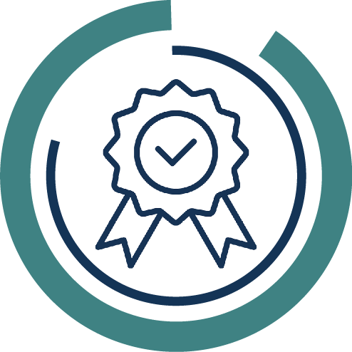 A circular infographic with a certification badge with a tickmark, with the text "Achieve Certification."