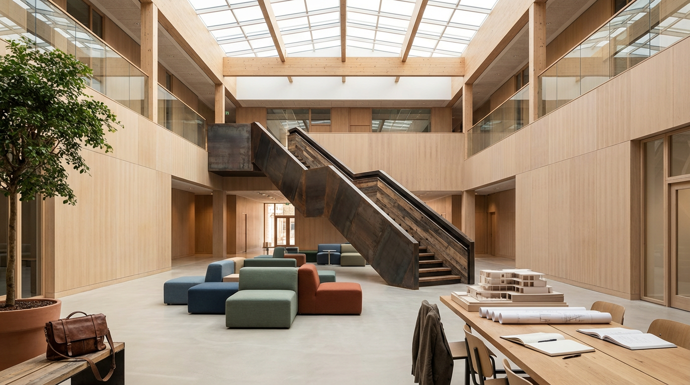 Modern interior of a building lobby with wooden walls, a central staircase, colorful seating, and a glass ceiling.