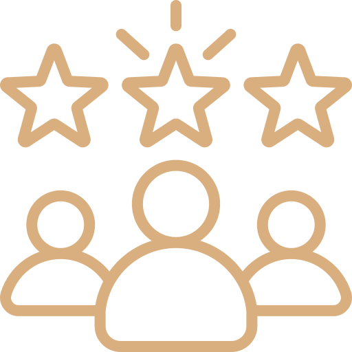 Three stars above three people icons in a minimalist line art style.