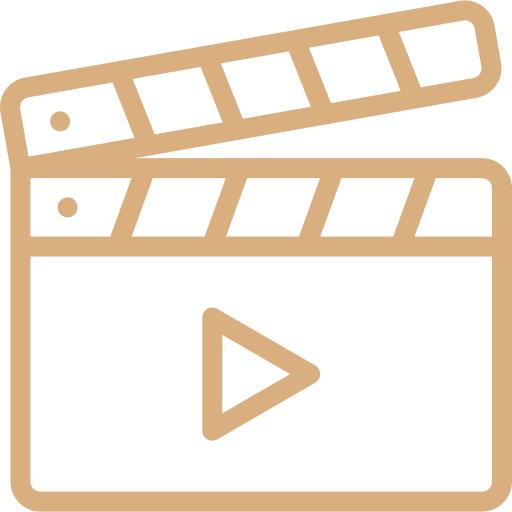 An icon of a movie clapperboard and a video player with a play button.