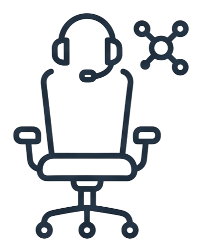 An illustration of an office chair with a headset on top, connected to a network symbol.