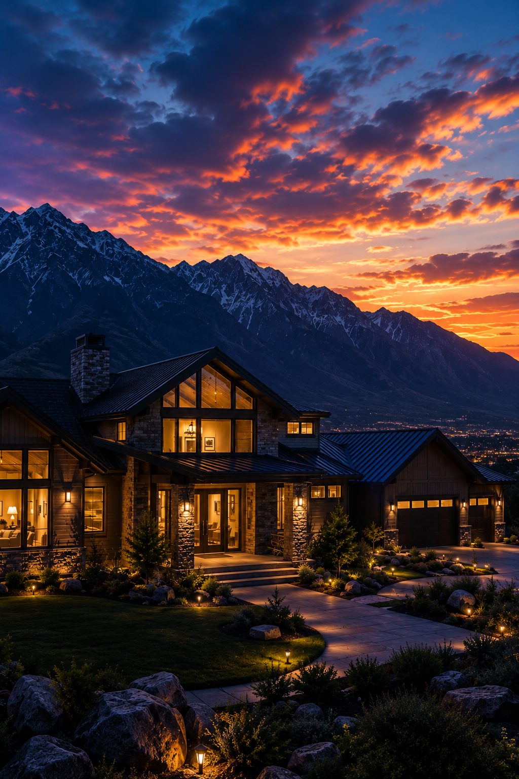A modern house illuminated at dusk, with mountain peaks and a colorful sunset sky in the background.