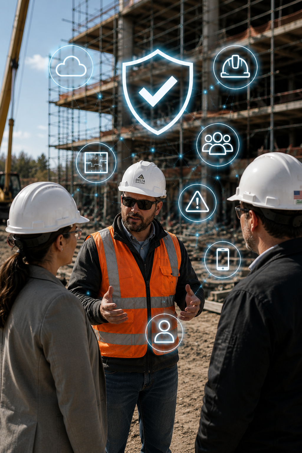 Construction workers discussing on a building site with digital icons overlay, including a shield with a checkmark, cloud, helmet, group of people, warning triangle, smartphone, and person icon.