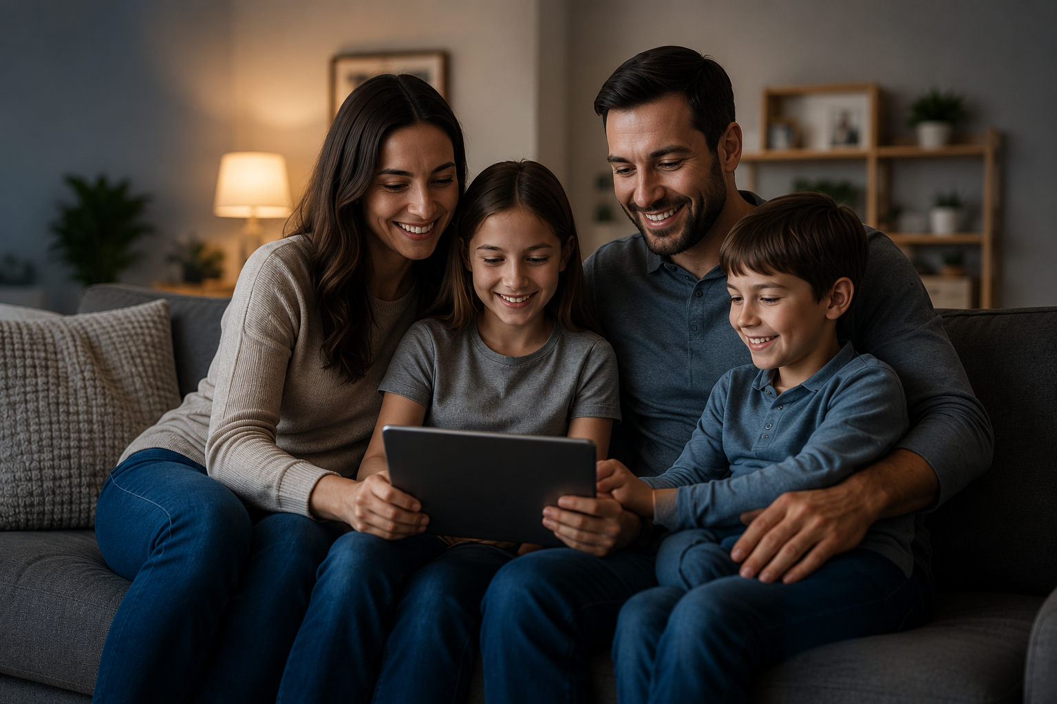 Family of four sitting on a gray couch looking at a tablet, smiling, with warm lighting in a cozy living room.