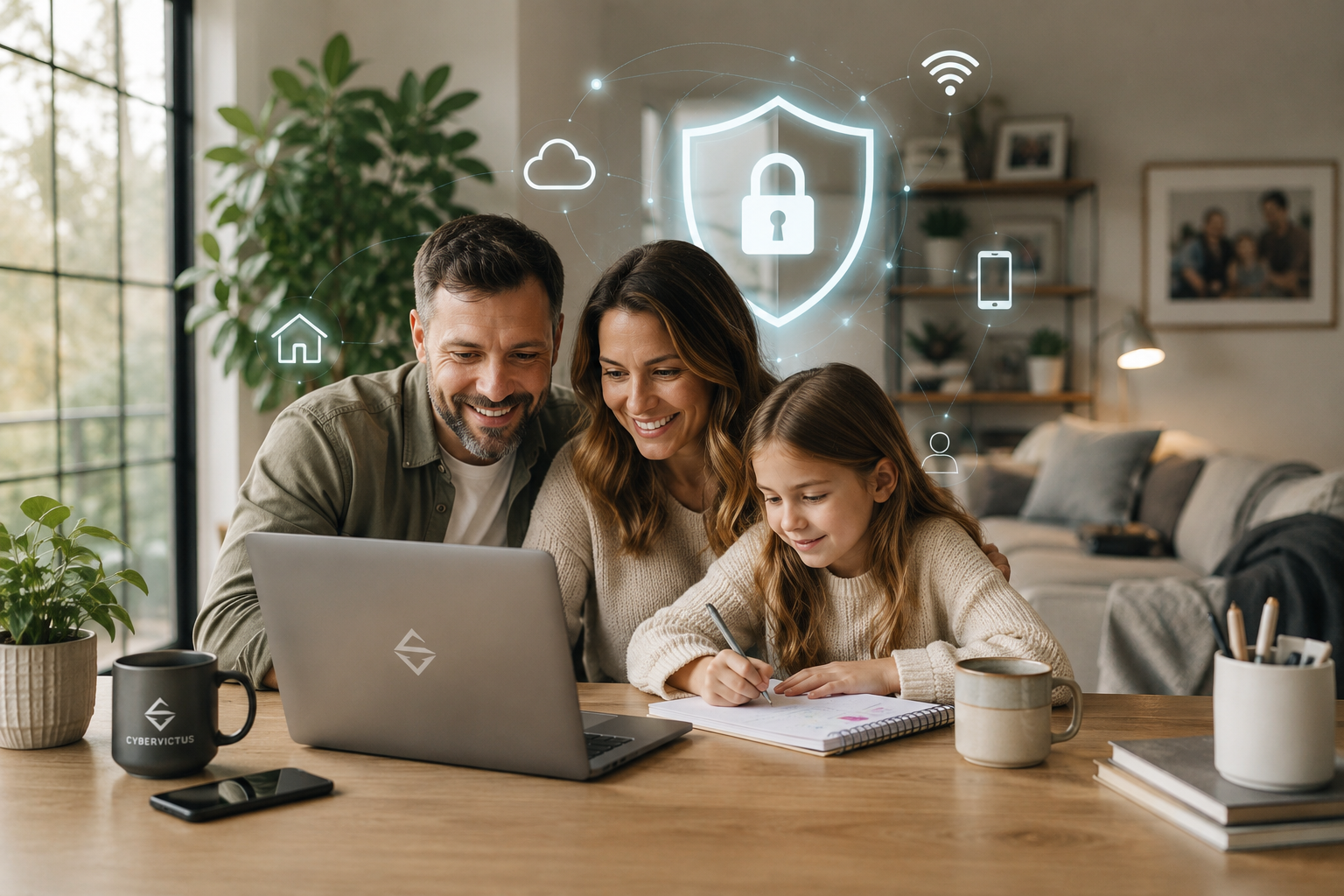 A family of three, a man, a woman, and a girl, sitting at a wooden table with a laptop and notebooks. They are smiling and looking at the laptop. There are digital icons representing cloud storage, Wi-Fi, a mobile phone, a house, and a user above them, indicating cybersecurity or online safety themes.