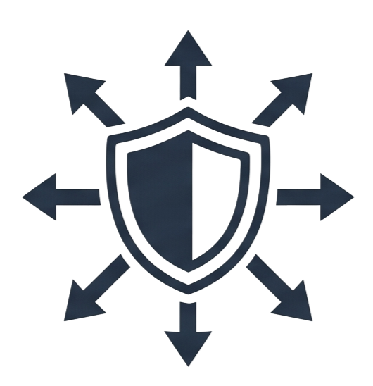 A shield at the center with multiple black arrows pointing outward in various directions, symbolizing protection and security.