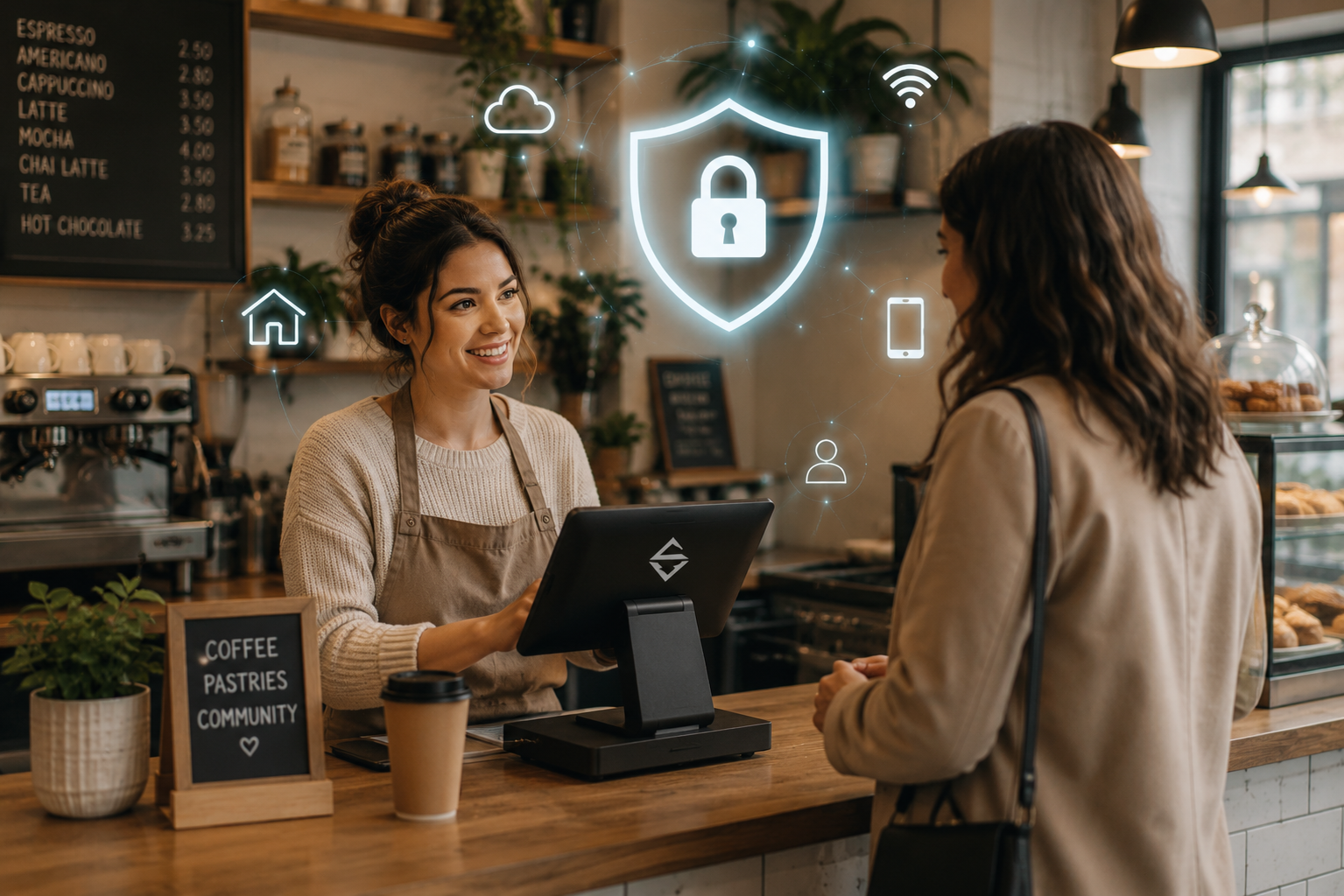A smiling barista and a customer at a coffee shop counter. The barista uses a touchscreen register, and icons representing cloud security, home, Wi-Fi, phone, and user are floating over them.