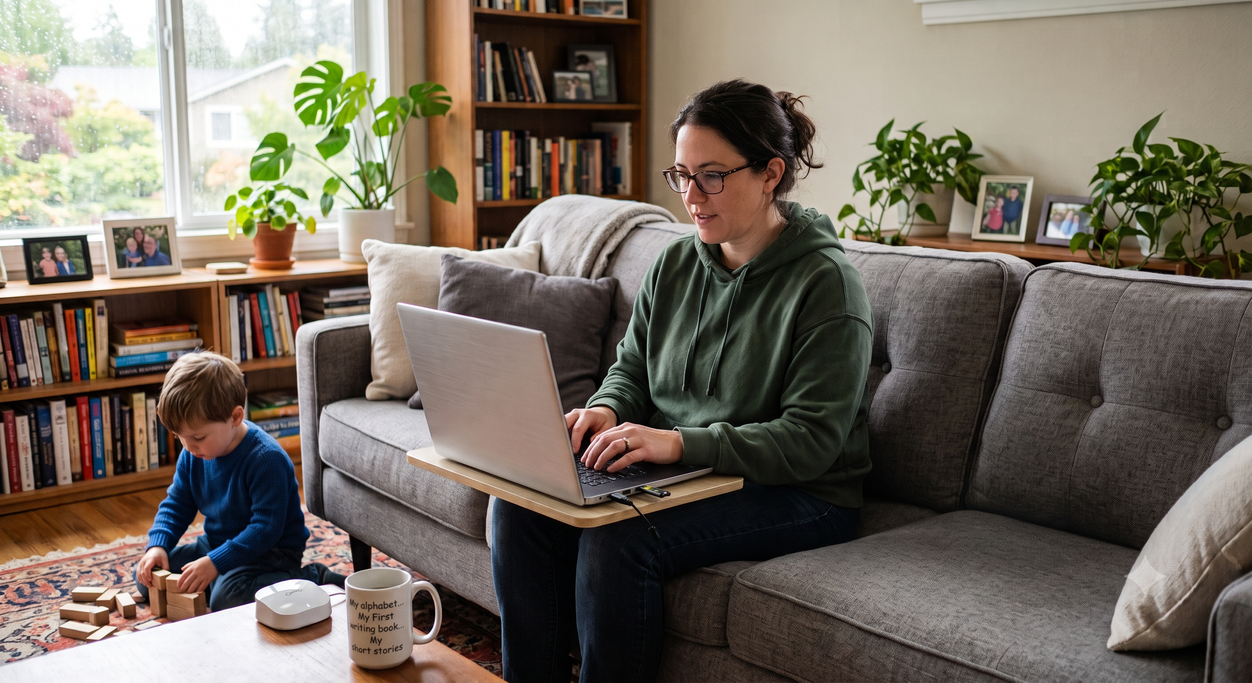 A woman with glasses and dark hair in a bun working on a laptop while sitting on a gray couch in a living room, and a young boy with brown hair playing with wooden blocks on the floor nearby. The room has a large window with rain drops, leafy plants, framed family photos, a wooden bookshelf, and a coffee mug on the table.