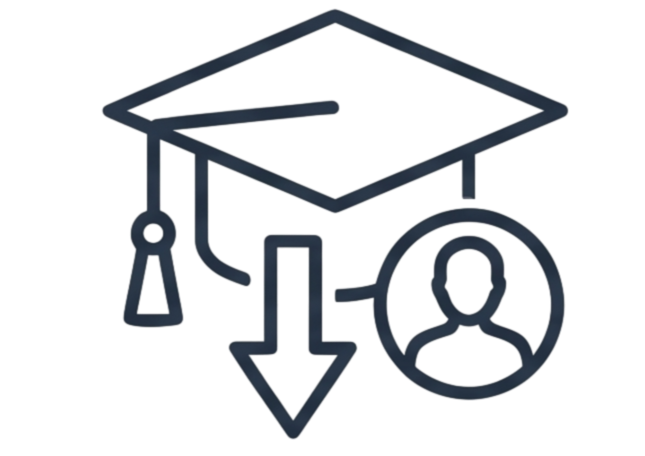Neon outline of a graduation cap, a downward arrow, and a person