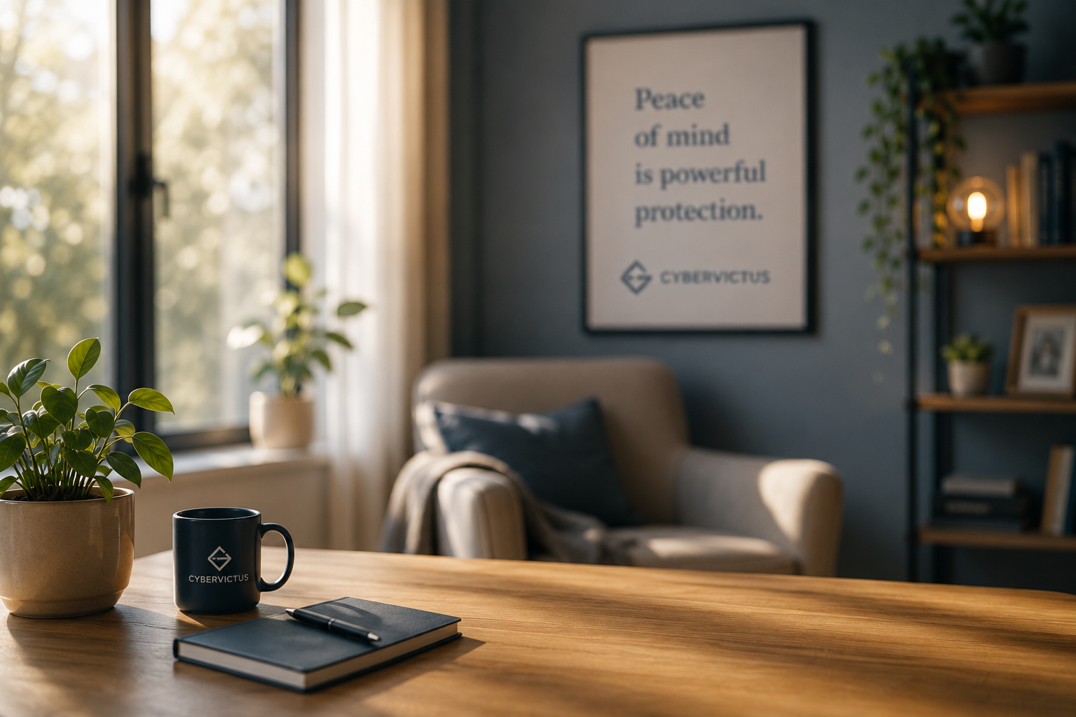 Cozy home office with a wooden desk holding a potted plant, a CyberVictus mug, and a notebook with a pen, behind a beige armchair with a dark pillow in front of a window with sunlight and curtains. A framed quote on the wall reads 'Peace of mind is powerful protection.'