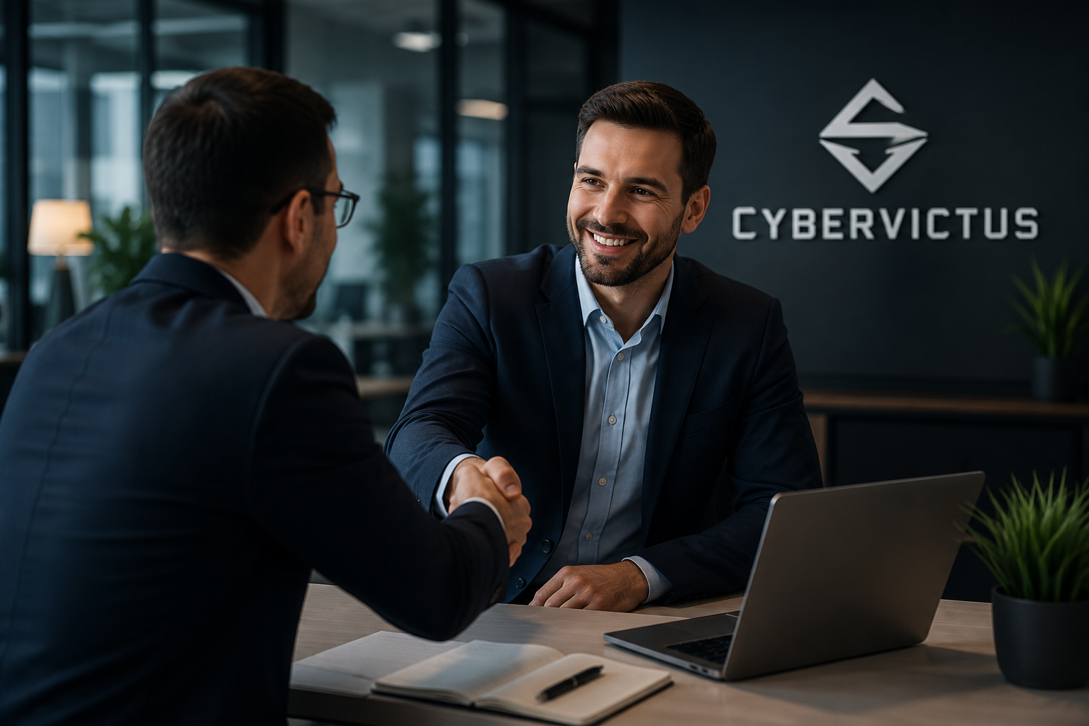 Two businessmen shaking hands during a meeting at a modern office with a CyberVious sign on the wall.