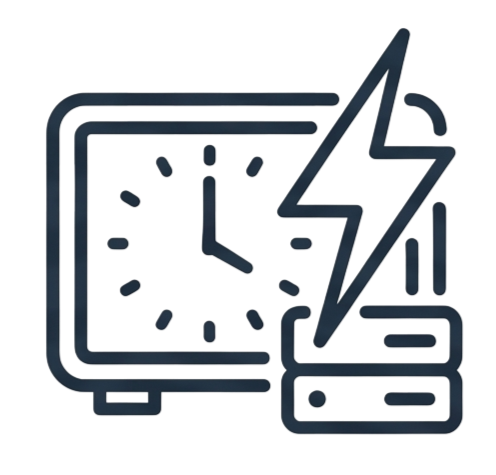 Icon of a computer monitor showing a clock, with a smartphone displaying a lightning bolt and a bar chart next to it, representing technology and energy concepts.