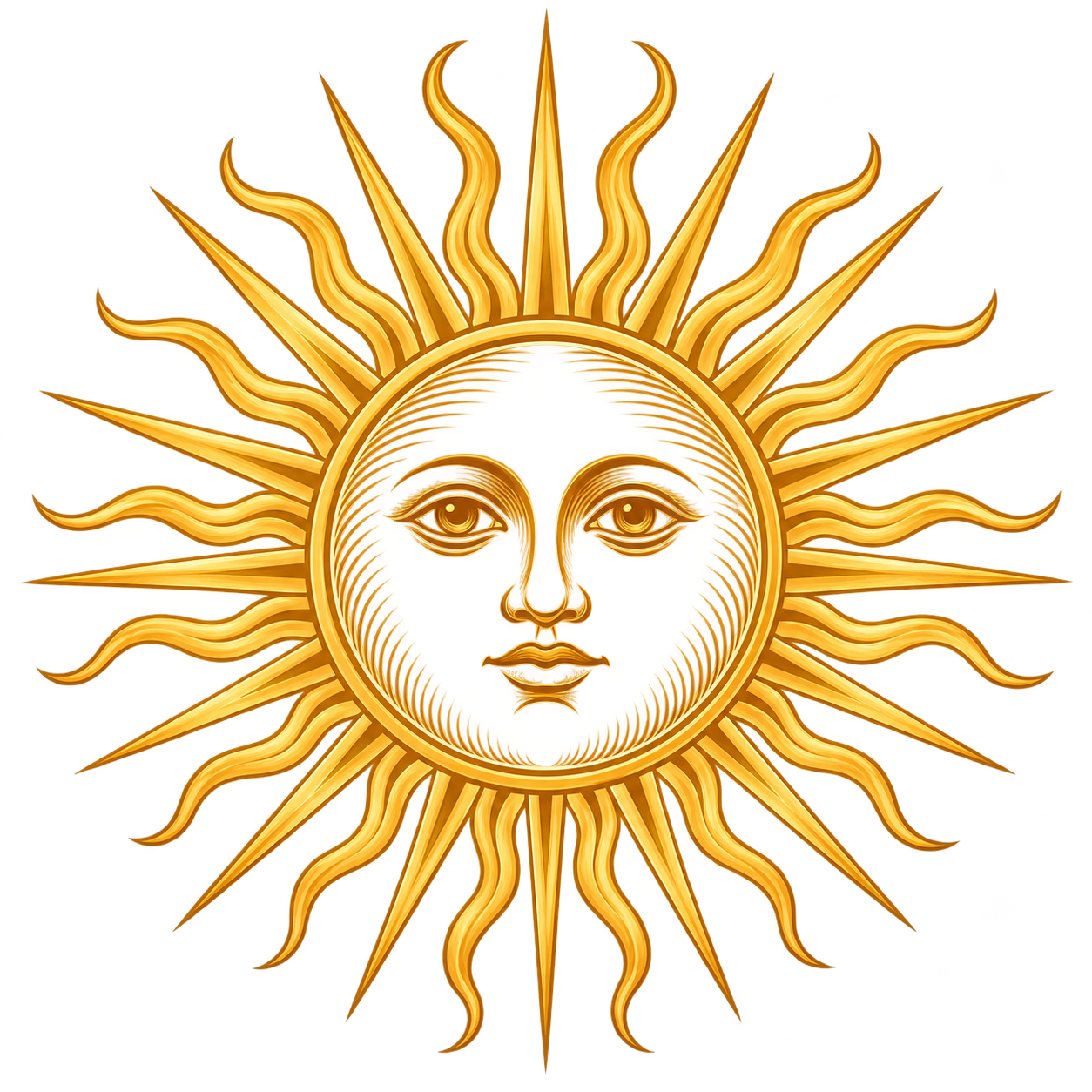 Golden sun with a human face, surrounded by flowing rays.
