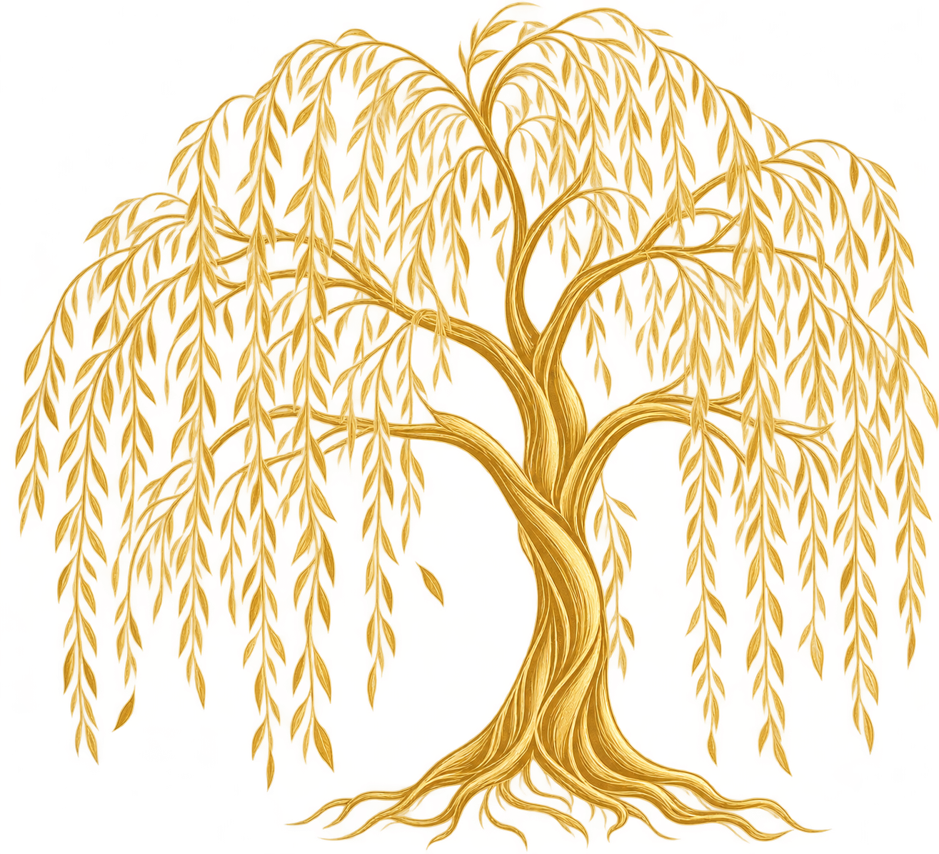 A stylized, gold-colored, weeping willow tree with cascading branches and elongated leaves.