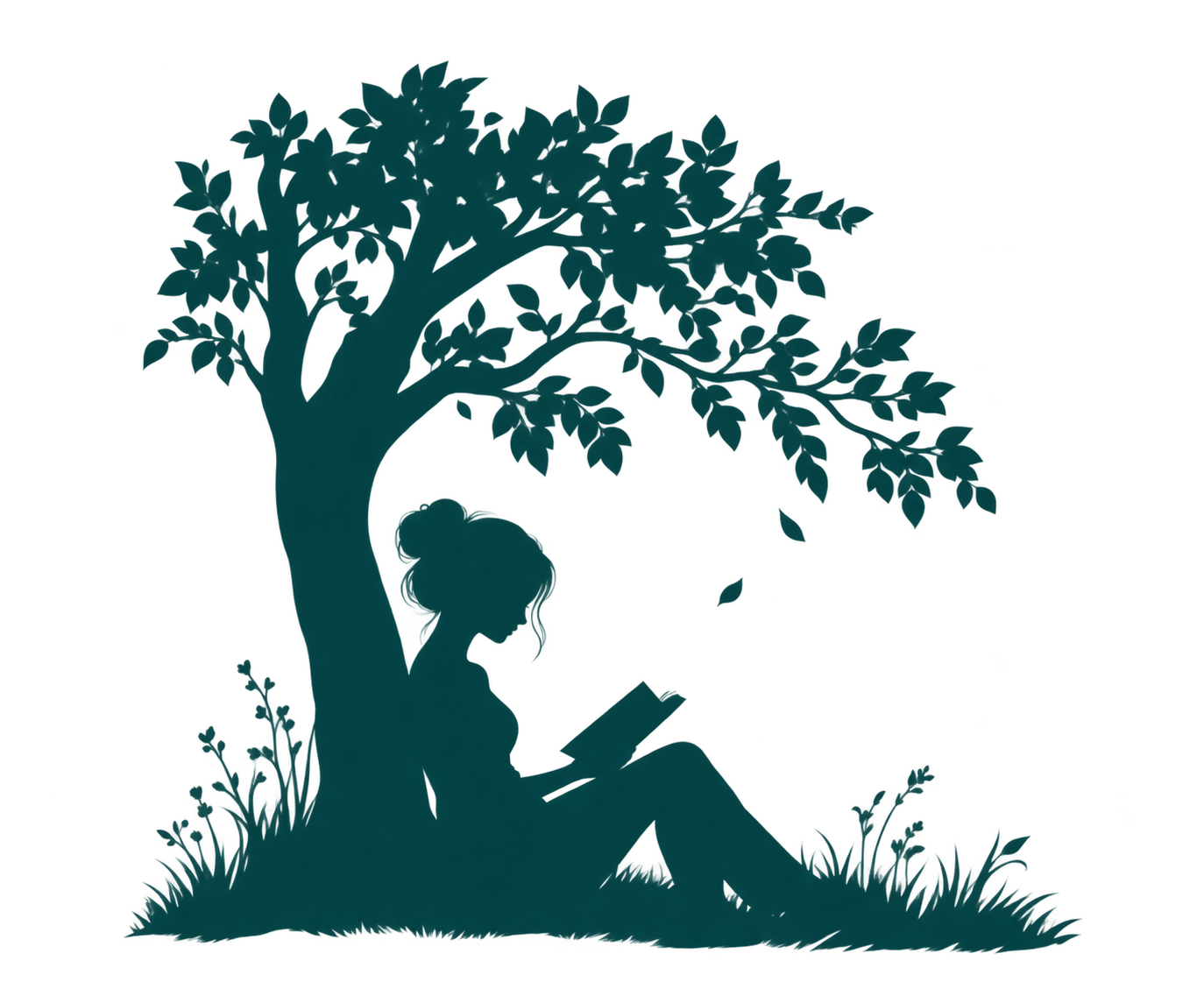 Silhouette of a girl reading a book under a tree with grass at the base.