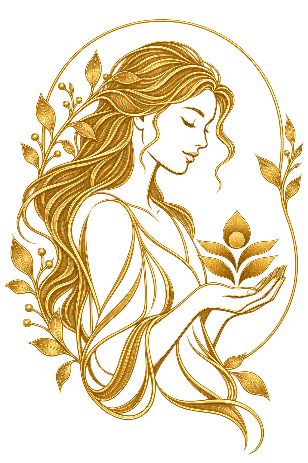 Woman holding a plant in a gold Embrace illustration
